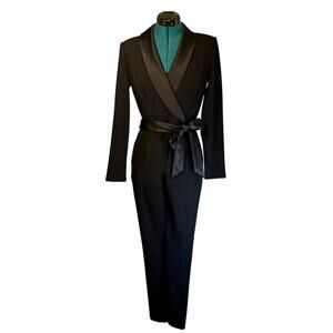 Adrianna Papell Black Tuxedo Jumpsuit Satin Lapel Belt Long Sleeve Women Size 2